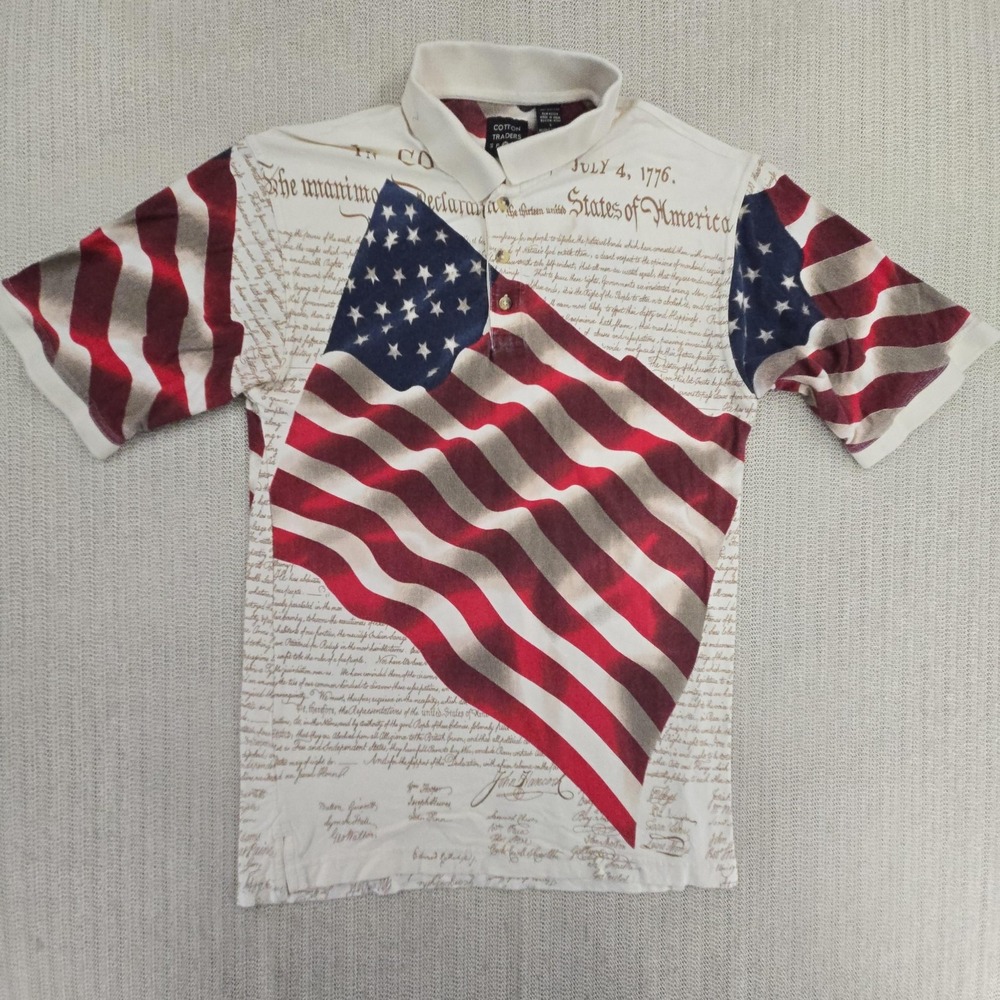 Cotton Traders Sport Polo Shirt Mens Large USA Flag Red White Blue Patriotic AOP